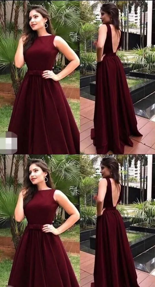 Vintage Maroon Low Back A line Simple High Neck Prom Dress