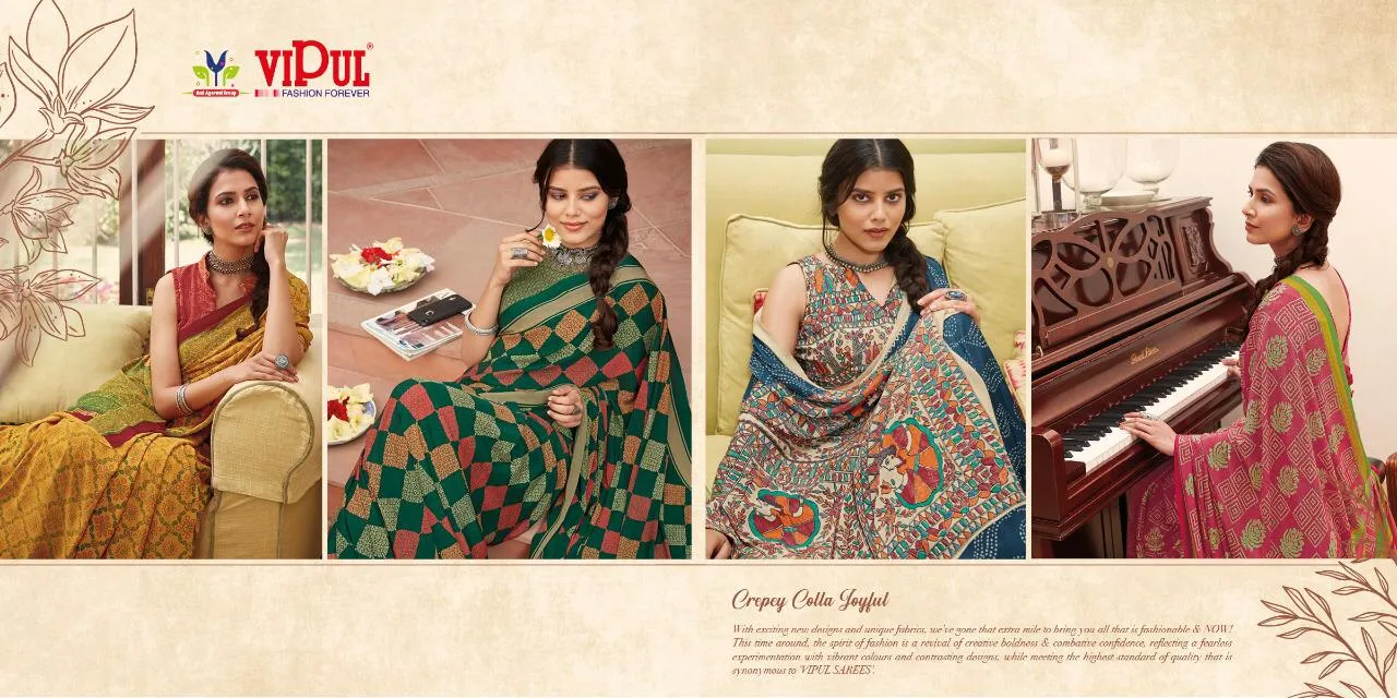 Vipul Launched Crepey Colla Joyfull Fancy Designer Sarees Collection