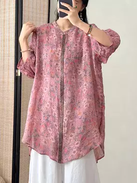 Women Artsy Flower Ramie Loose Long Shirt CO1016