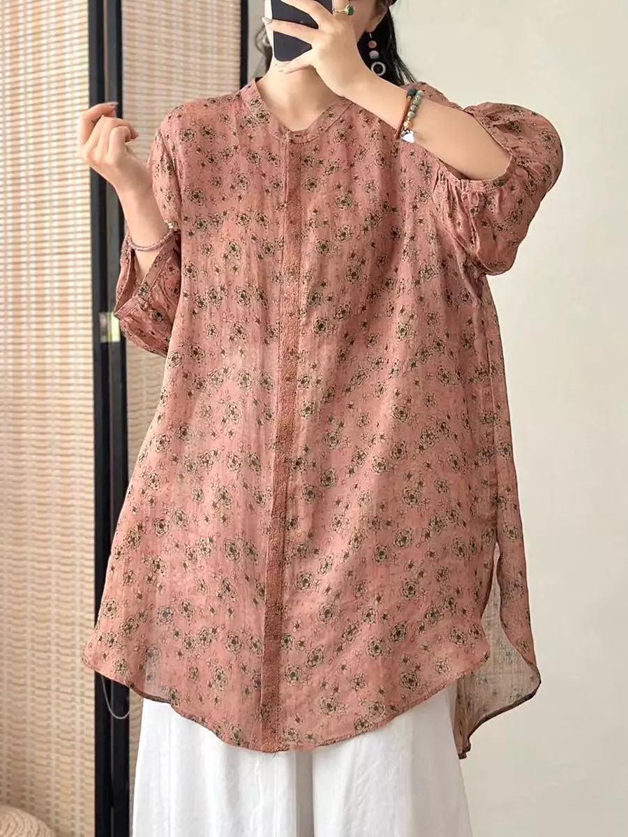 Women Artsy Flower Ramie Loose Long Shirt CO1016