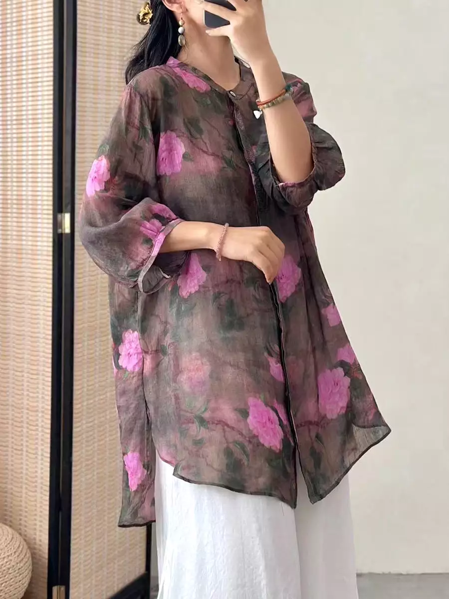 Women Artsy Flower Ramie Loose Long Shirt CO1016