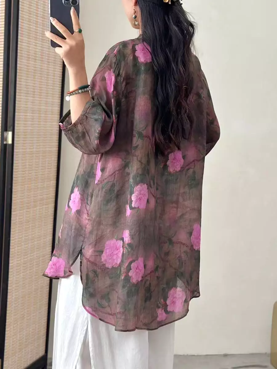 Women Artsy Flower Ramie Loose Long Shirt CO1016