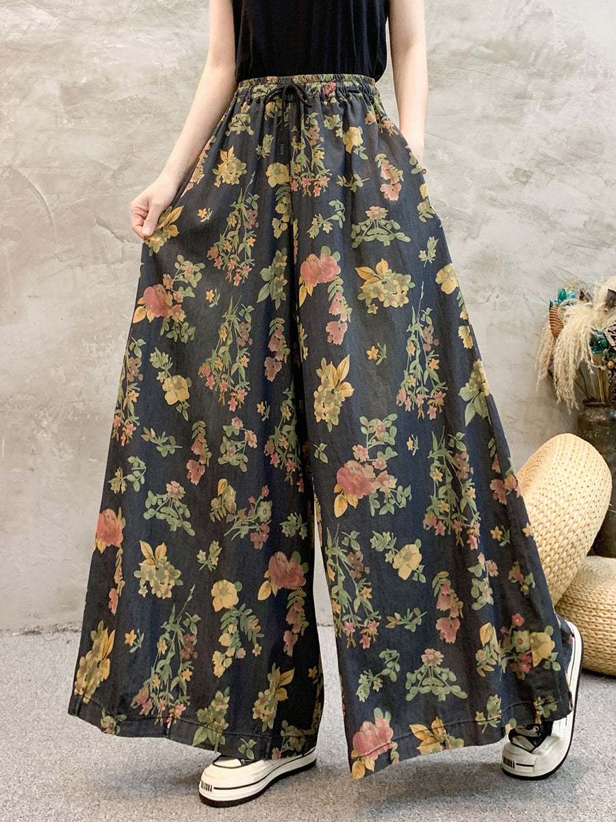 Women Artsy Summer Floral Denim Wide-leg Pants KL1055