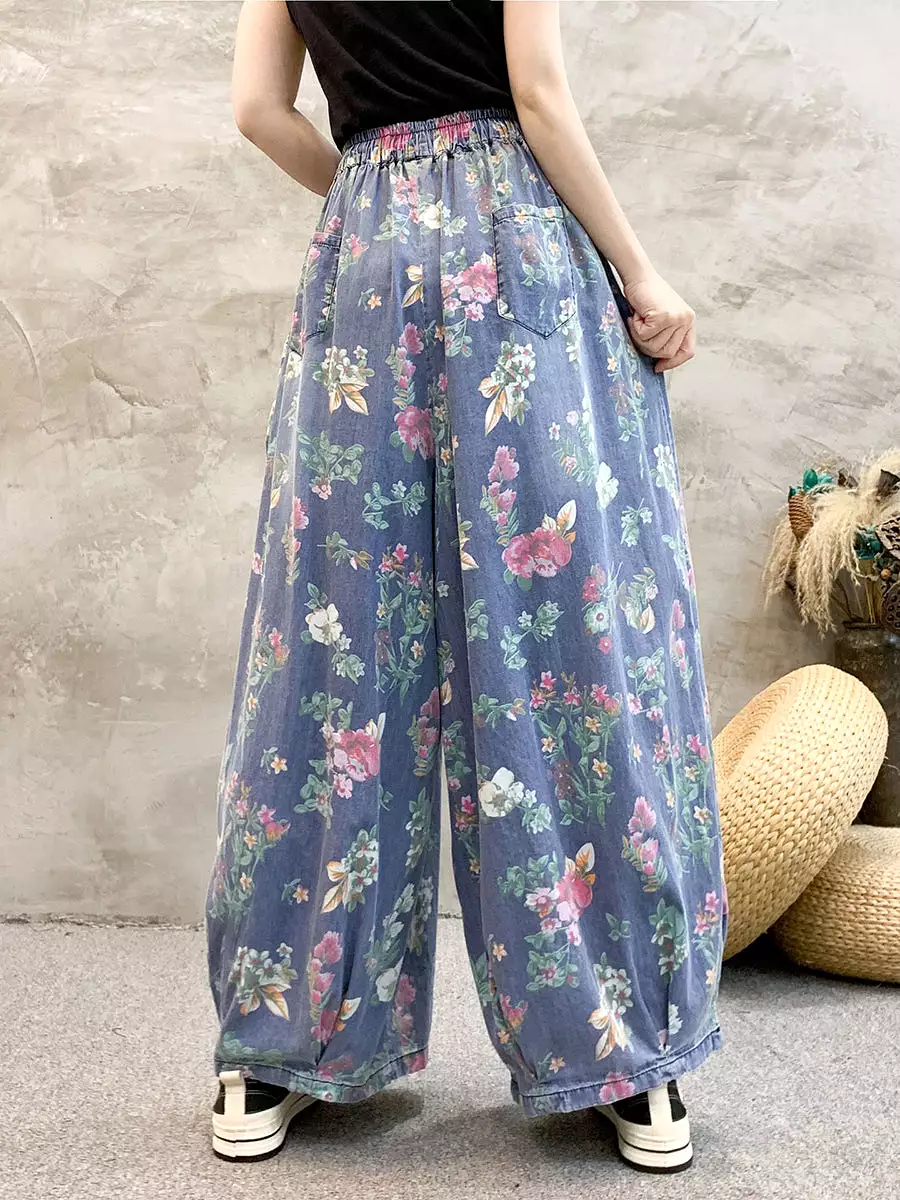 Women Artsy Summer Floral Denim Wide-leg Pants KL1055