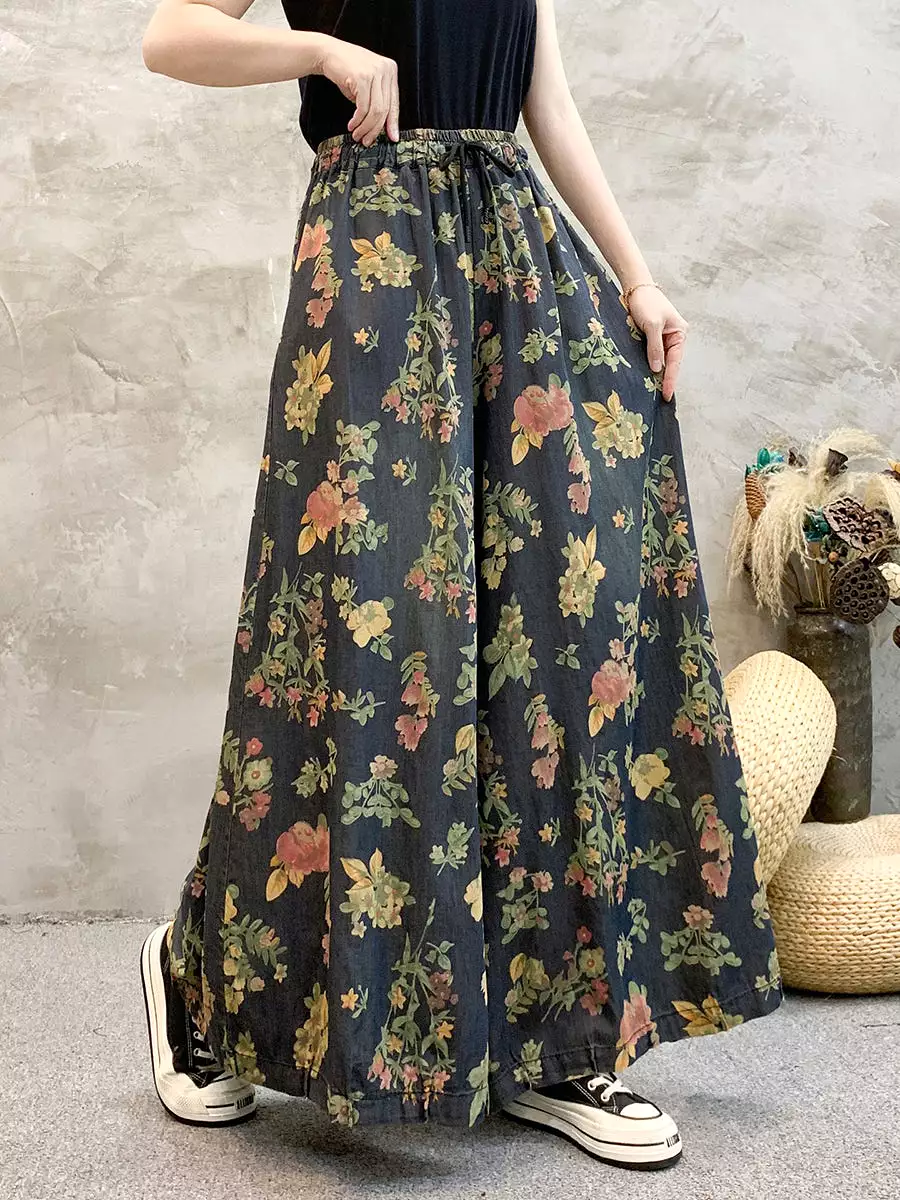 Women Artsy Summer Floral Denim Wide-leg Pants KL1055