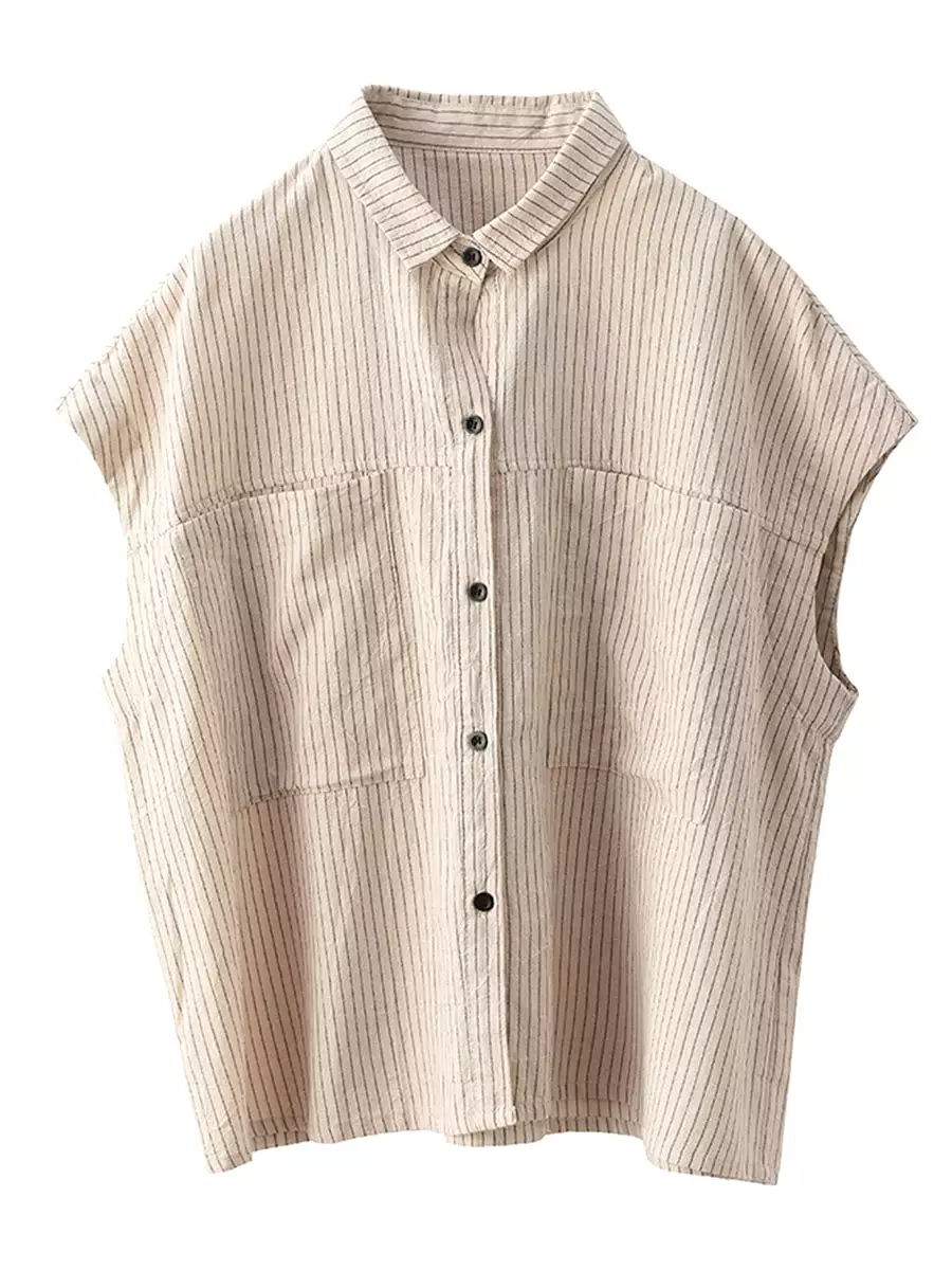 Women Artsy Summer Stripe Linen Button-up Shirt SC1046