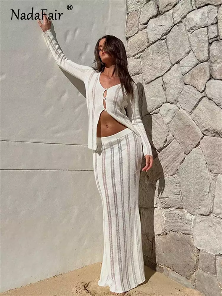 Women Beach Long Sleeve T Shirt Long Skirt Sets Corchet Knitted Hollow Out Fall 2023 Y2K Casual Two Piece White Black