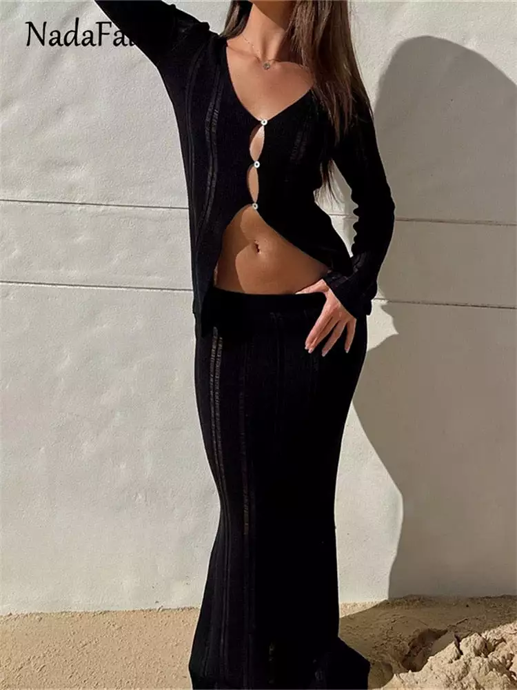 Women Beach Long Sleeve T Shirt Long Skirt Sets Corchet Knitted Hollow Out Fall 2023 Y2K Casual Two Piece White Black