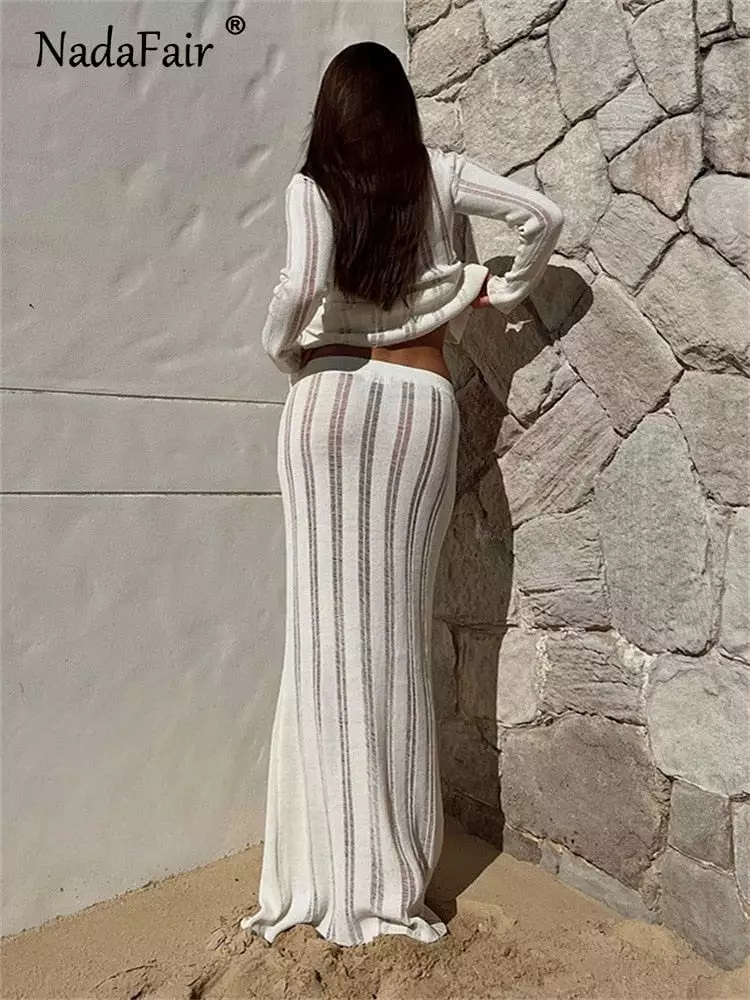 Women Beach Long Sleeve T Shirt Long Skirt Sets Corchet Knitted Hollow Out Fall 2023 Y2K Casual Two Piece White Black