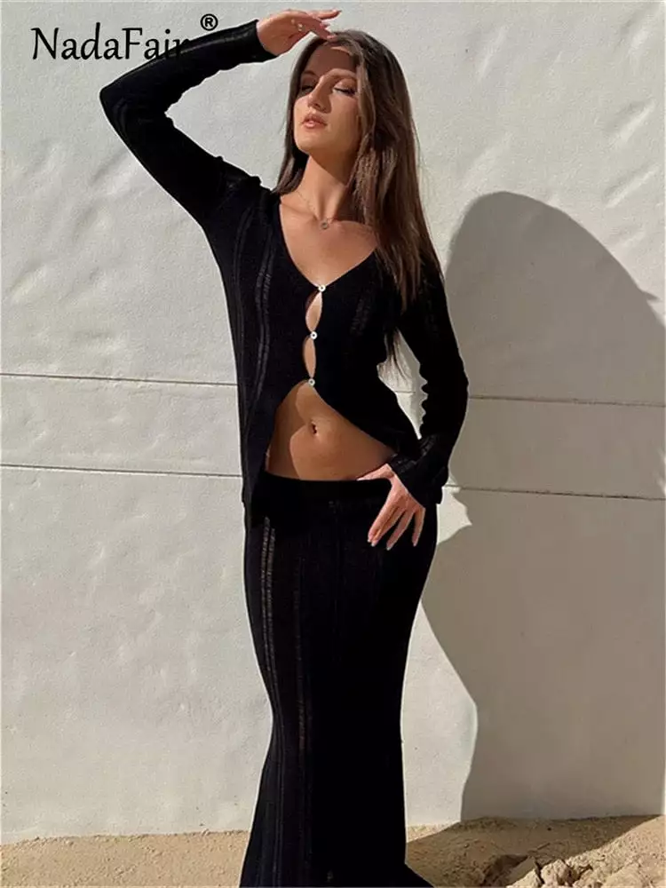 Women Beach Long Sleeve T Shirt Long Skirt Sets Corchet Knitted Hollow Out Fall 2023 Y2K Casual Two Piece White Black