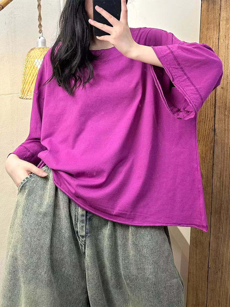 Women Casual Summer Solid Cotton O-Neck Shirt PA1006