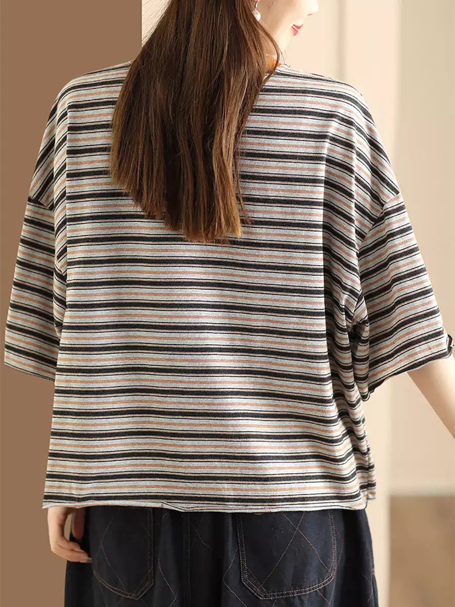 Women Casual Summer Stripe Spliced Loose Shirt CO1047