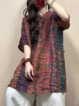 Women Ethnic Floral Summer Ramie Shirt CO1001