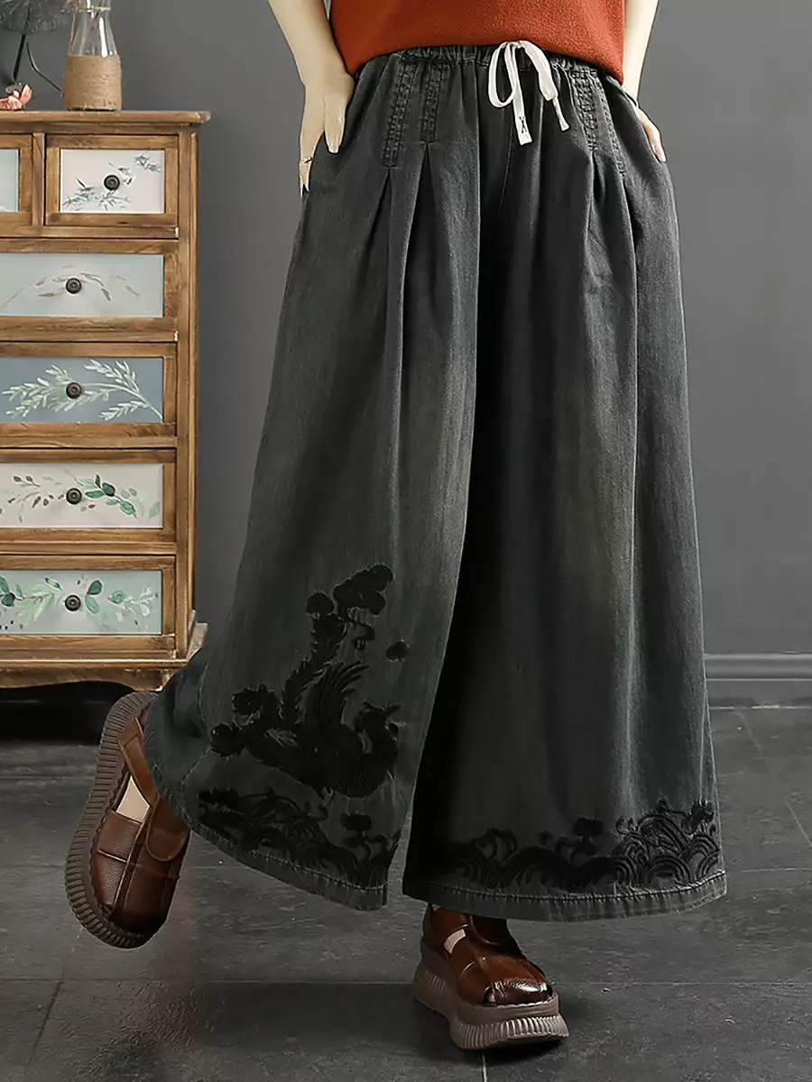 Women Ethnic Phoenix Embroidery Wide-leg Denim Pants KL1009