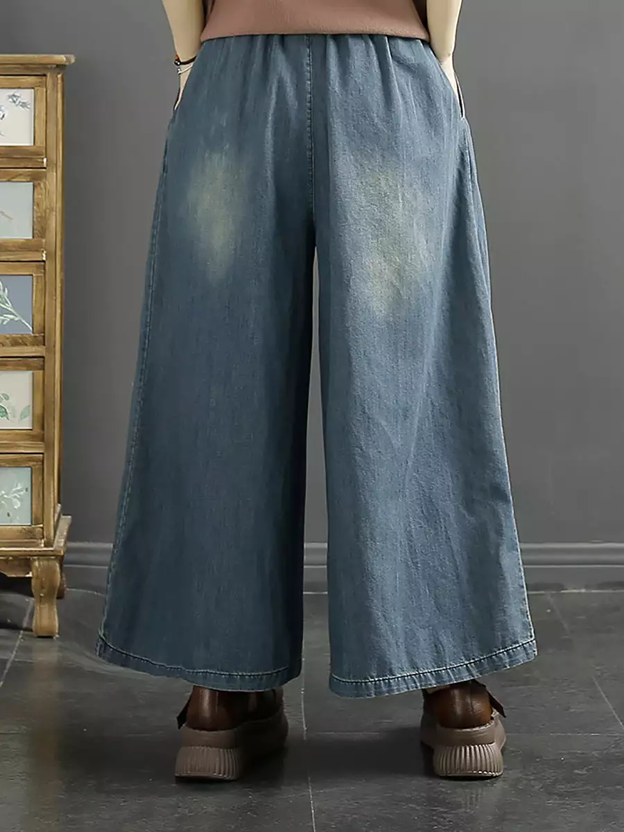 Women Ethnic Phoenix Embroidery Wide-leg Denim Pants KL1009