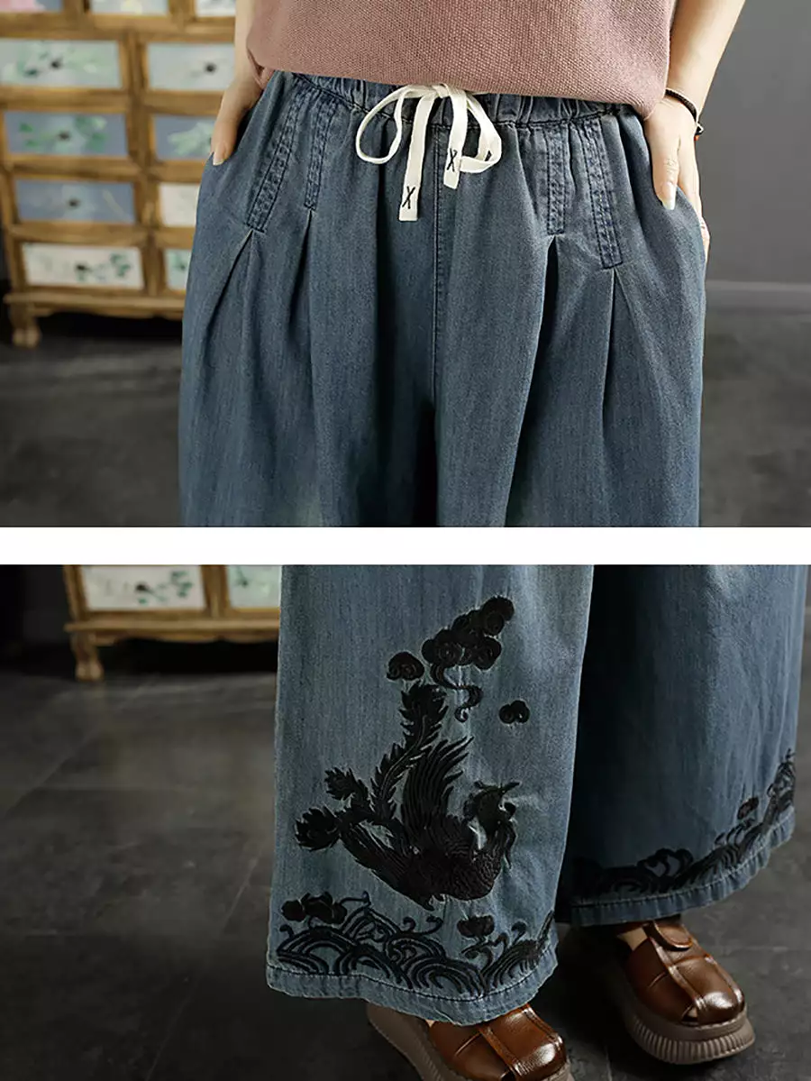 Women Ethnic Phoenix Embroidery Wide-leg Denim Pants KL1009