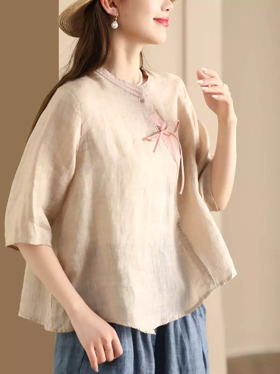 Women Ethnic Summer Spliced Ramie Shirt SC1022