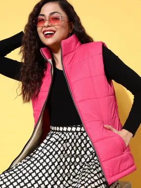 Women Fuchsia Quilted Sleeveless Puffer Jacket