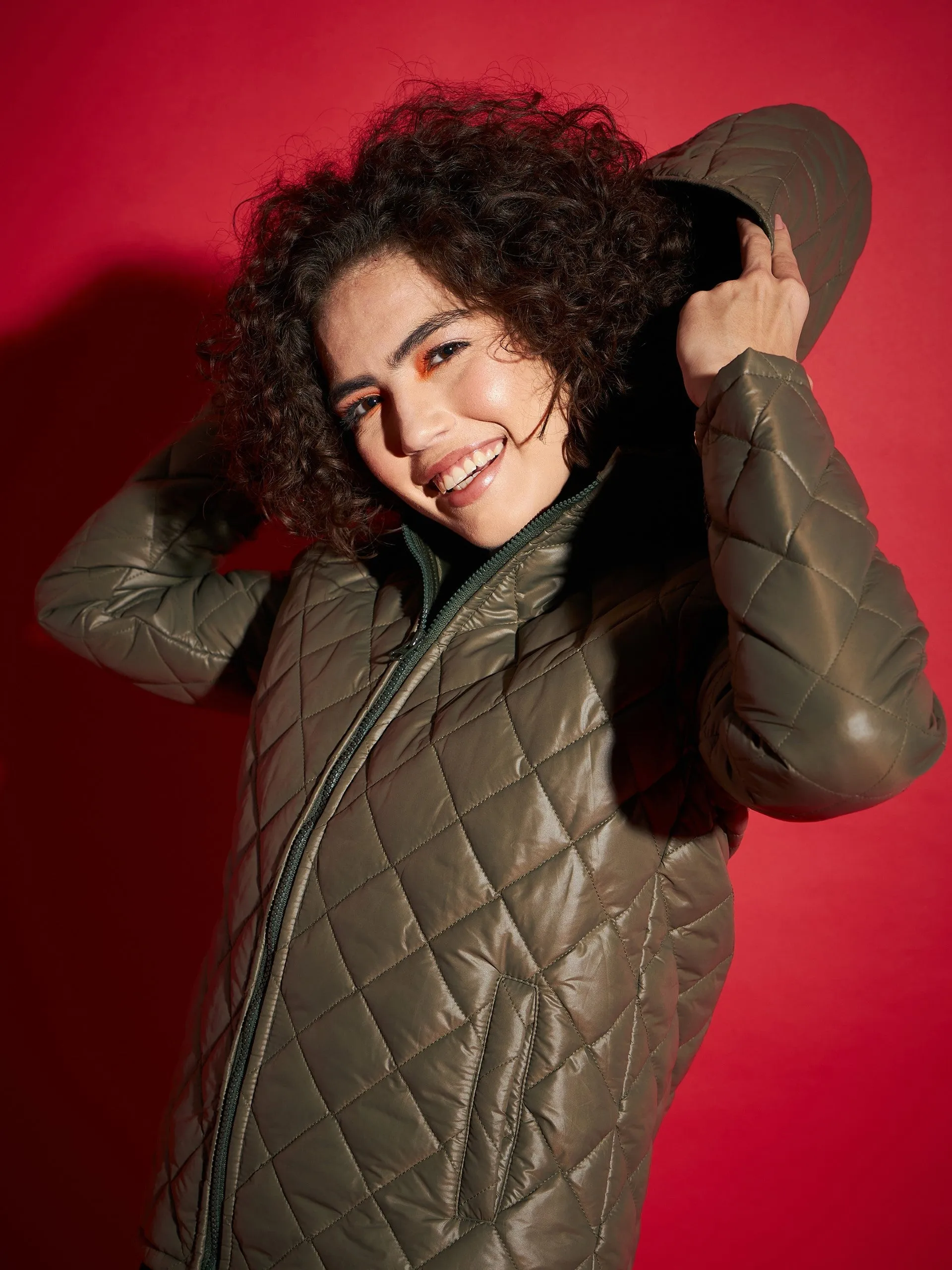 Women Olive Diamond Quilted Hooded Puffer Jacket