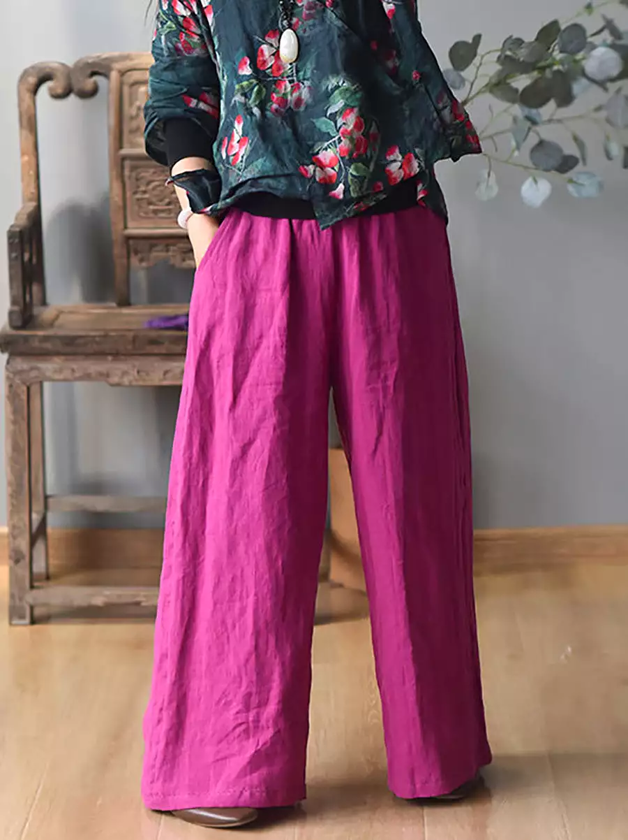 Women Spring Casual Solid Wide-leg Linen Pants KL1010