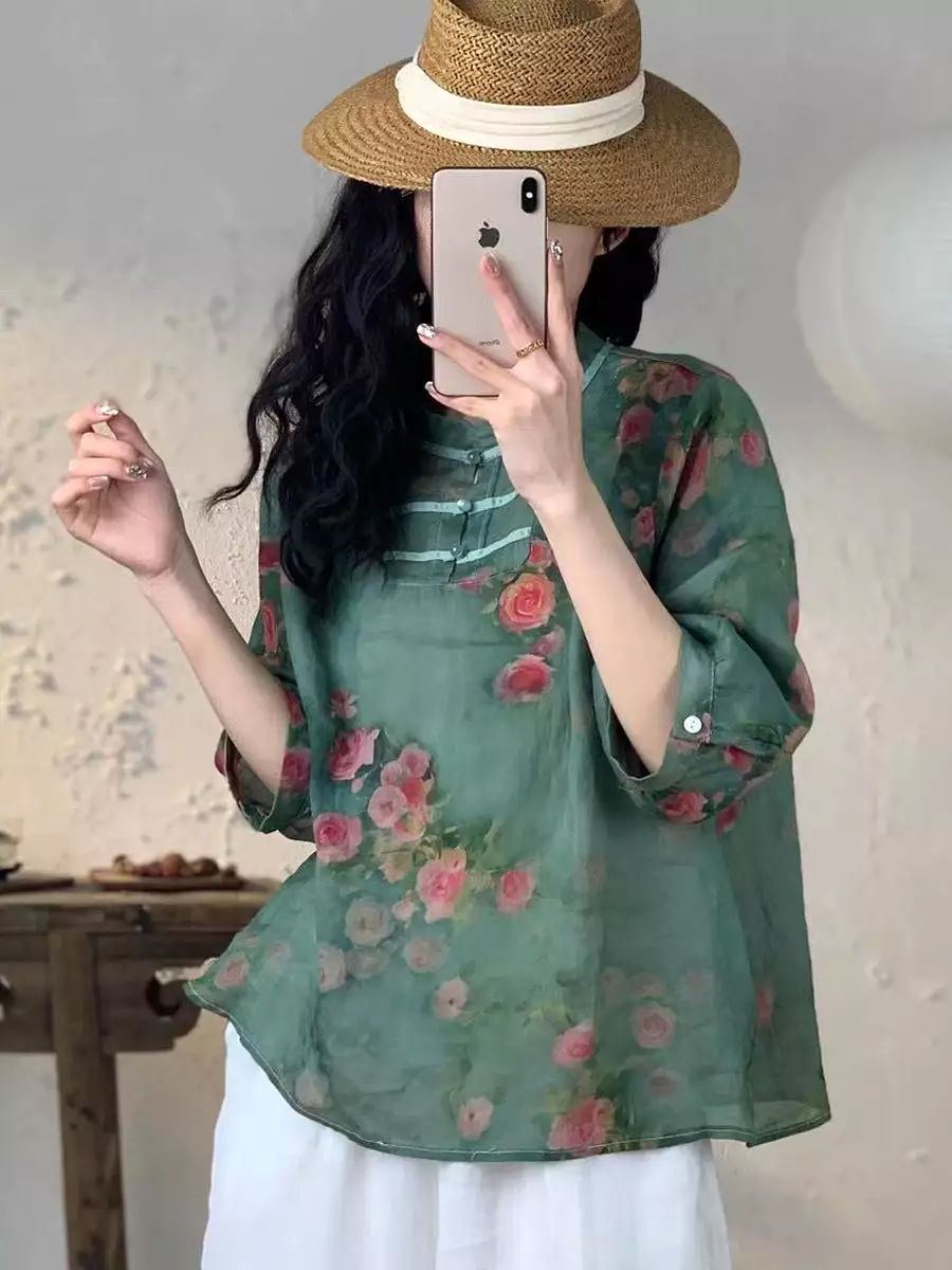 Women Spring Floral Vnitage Ramie Losoe Shirt CO1008