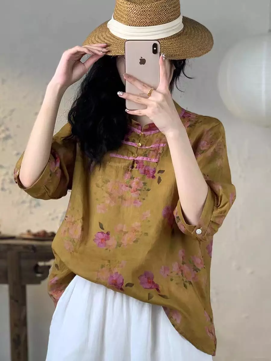 Women Spring Floral Vnitage Ramie Losoe Shirt CO1008