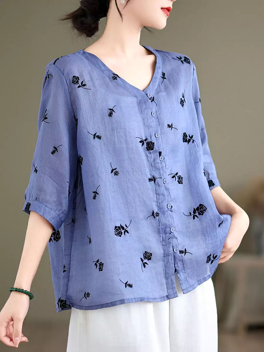 Women Spring Vintage Floral Ramie Button-up Shirt SC1024