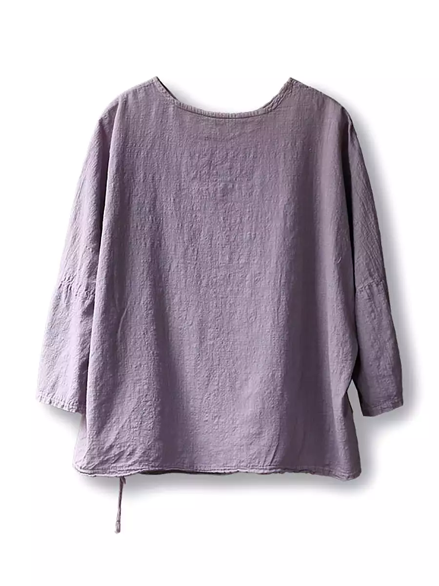 Women Spring Vintage Purple Drawstring Cotton Shirt SC1018