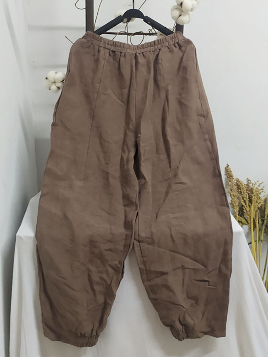 Women Spring Vintage Solid Solid Ramie Loose Pants KL1032