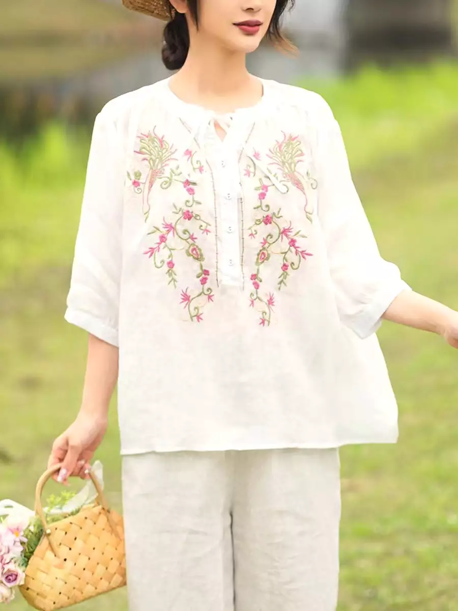 Women Summer Artsy Floral Embroidery Ramie Shirt PA1002