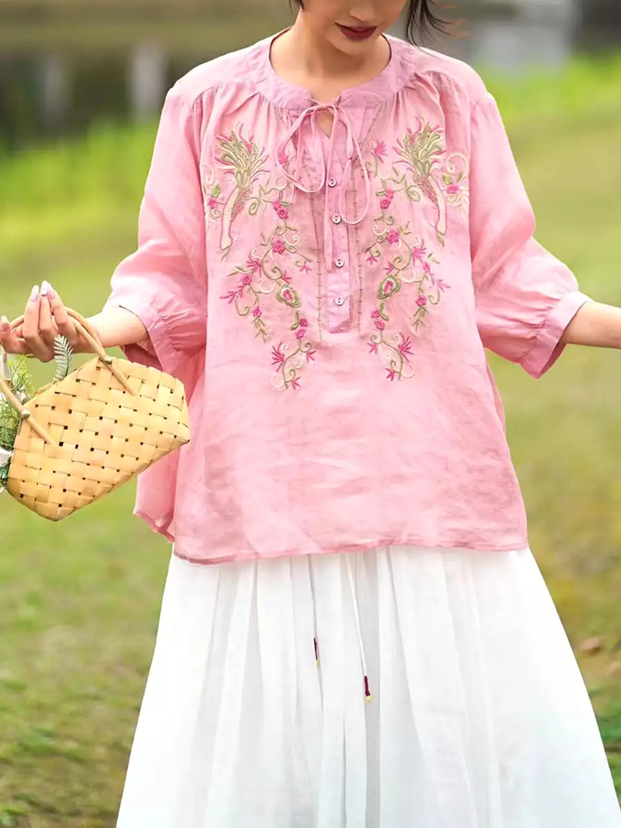 Women Summer Artsy Floral Embroidery Ramie Shirt PA1002