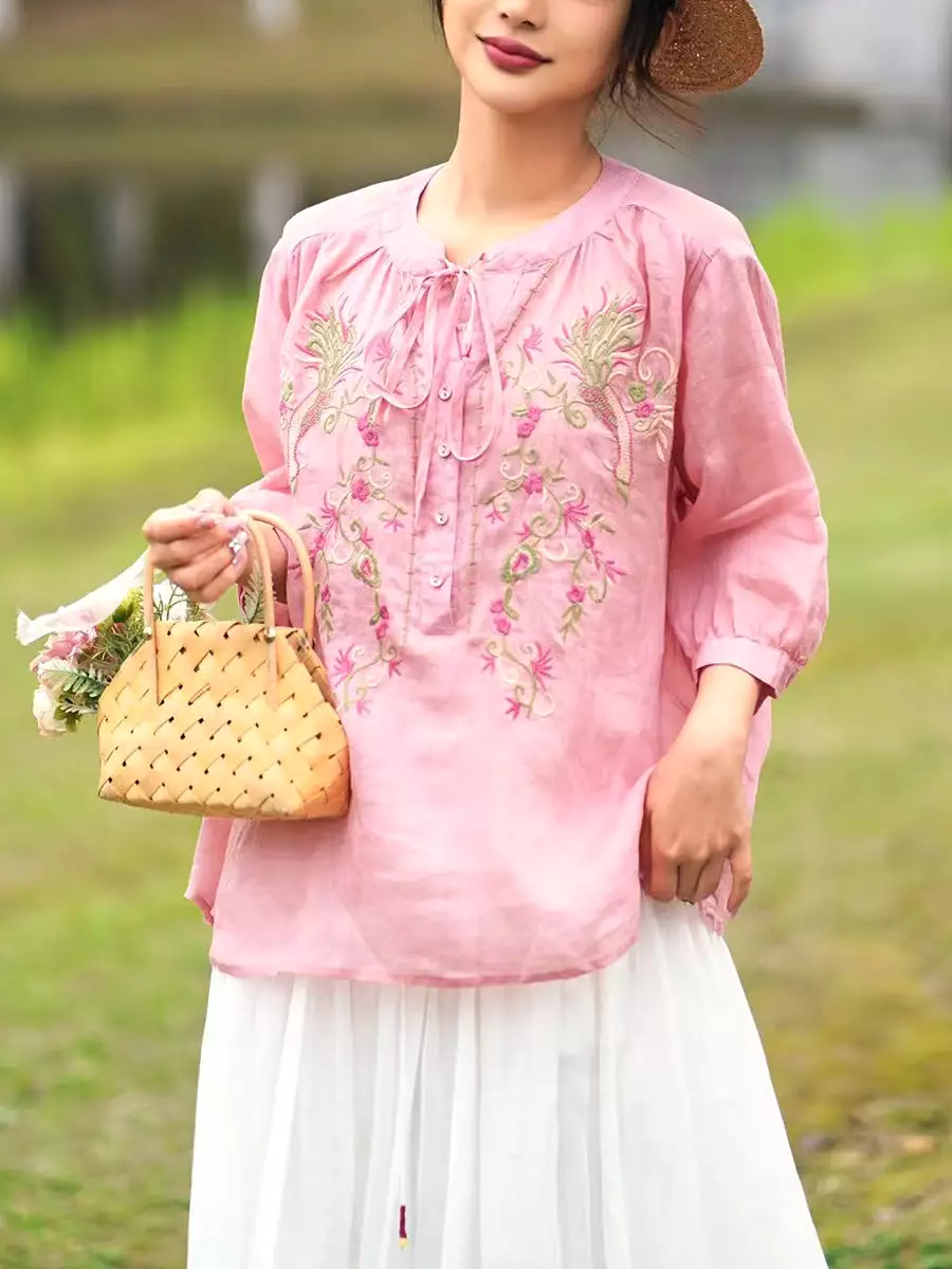 Women Summer Artsy Floral Embroidery Ramie Shirt PA1002