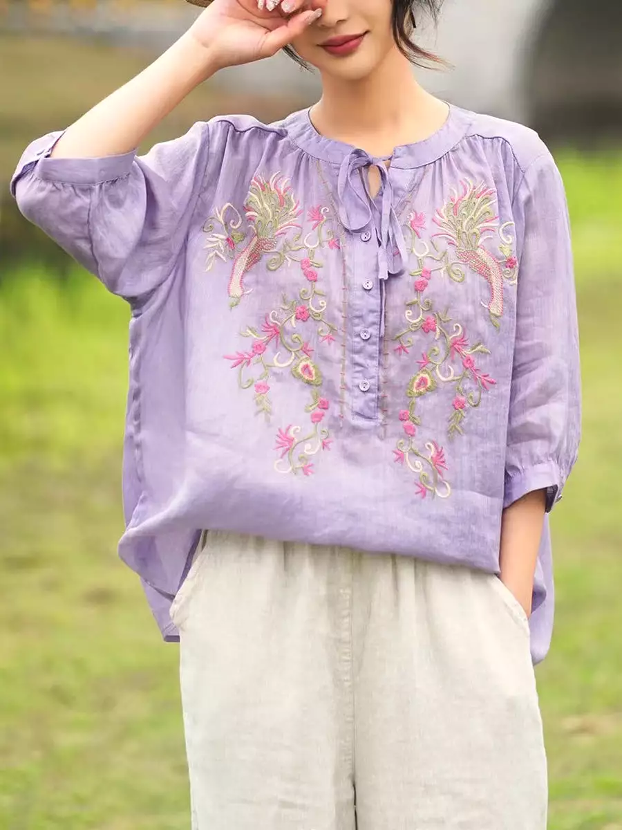 Women Summer Artsy Floral Embroidery Ramie Shirt PA1002