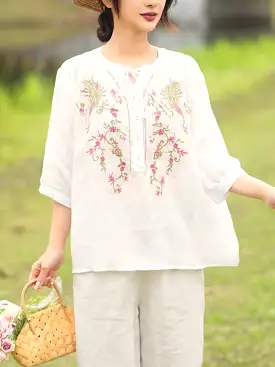 Women Summer Artsy Floral Embroidery Ramie Shirt PA1002