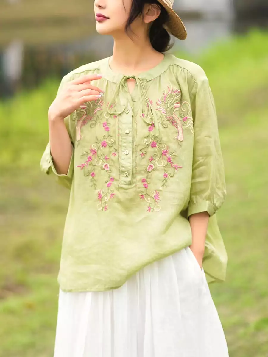 Women Summer Artsy Floral Embroidery Ramie Shirt PA1002