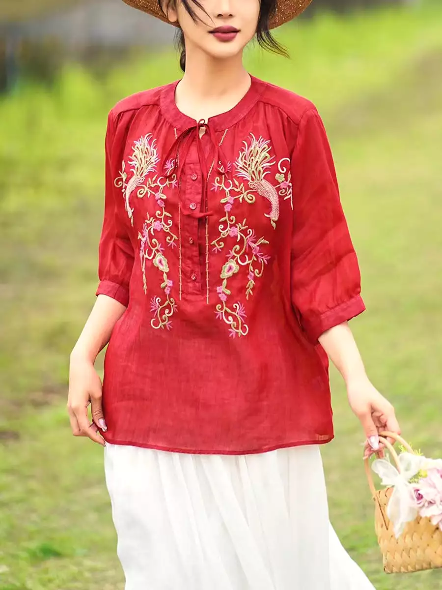 Women Summer Artsy Floral Embroidery Ramie Shirt PA1002