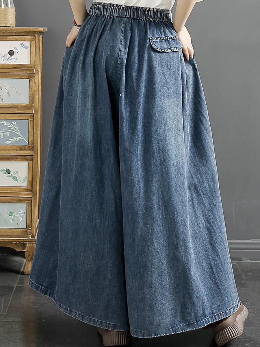 Women Summer Artsy Flower Embroidery Wide-leg Denim Pants CO1043