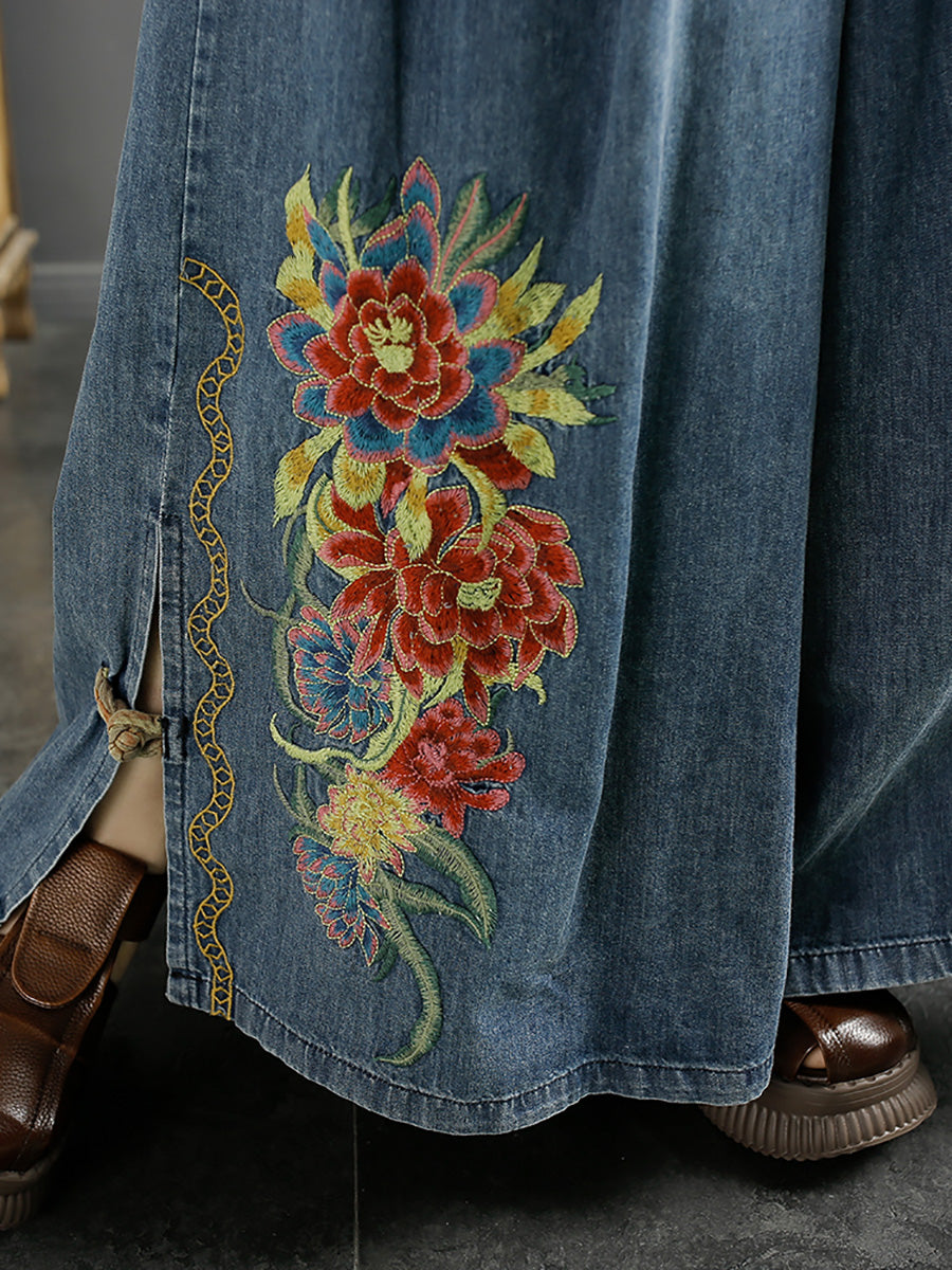 Women Summer Artsy Flower Embroidery Wide-leg Denim Pants CO1043