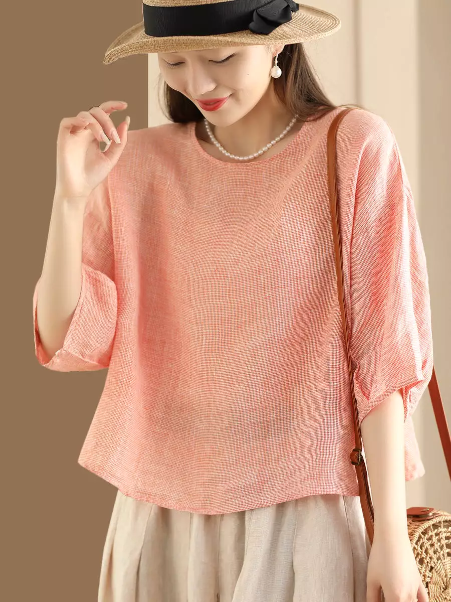 Women Summer Artsy Plaid Linen Loose Shirt KL1011