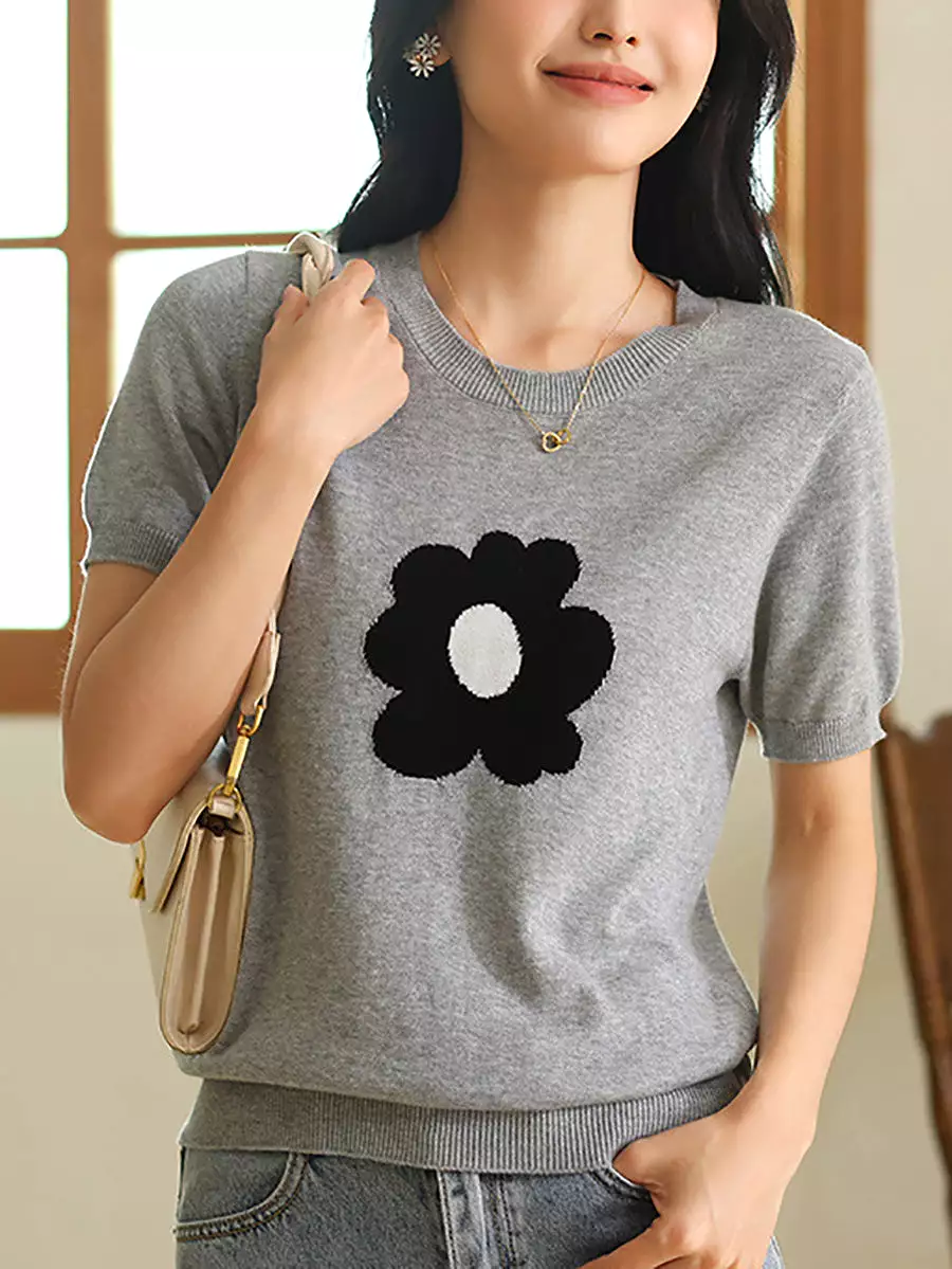 Women Summer Casual Flower Knitted Shirt PA1029