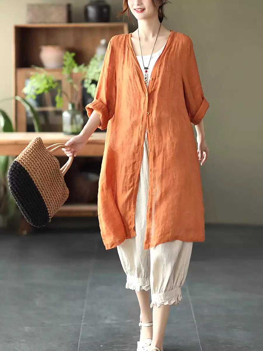 Women Summer Casual Solid Linen Button-up Long Shirt SC1033