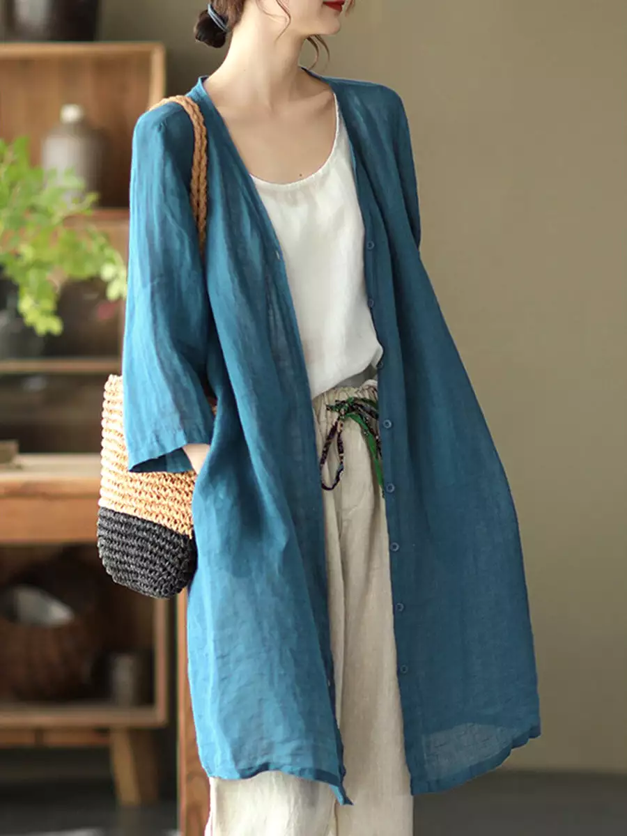 Women Summer Casual Solid Linen Button-up Long Shirt SC1033