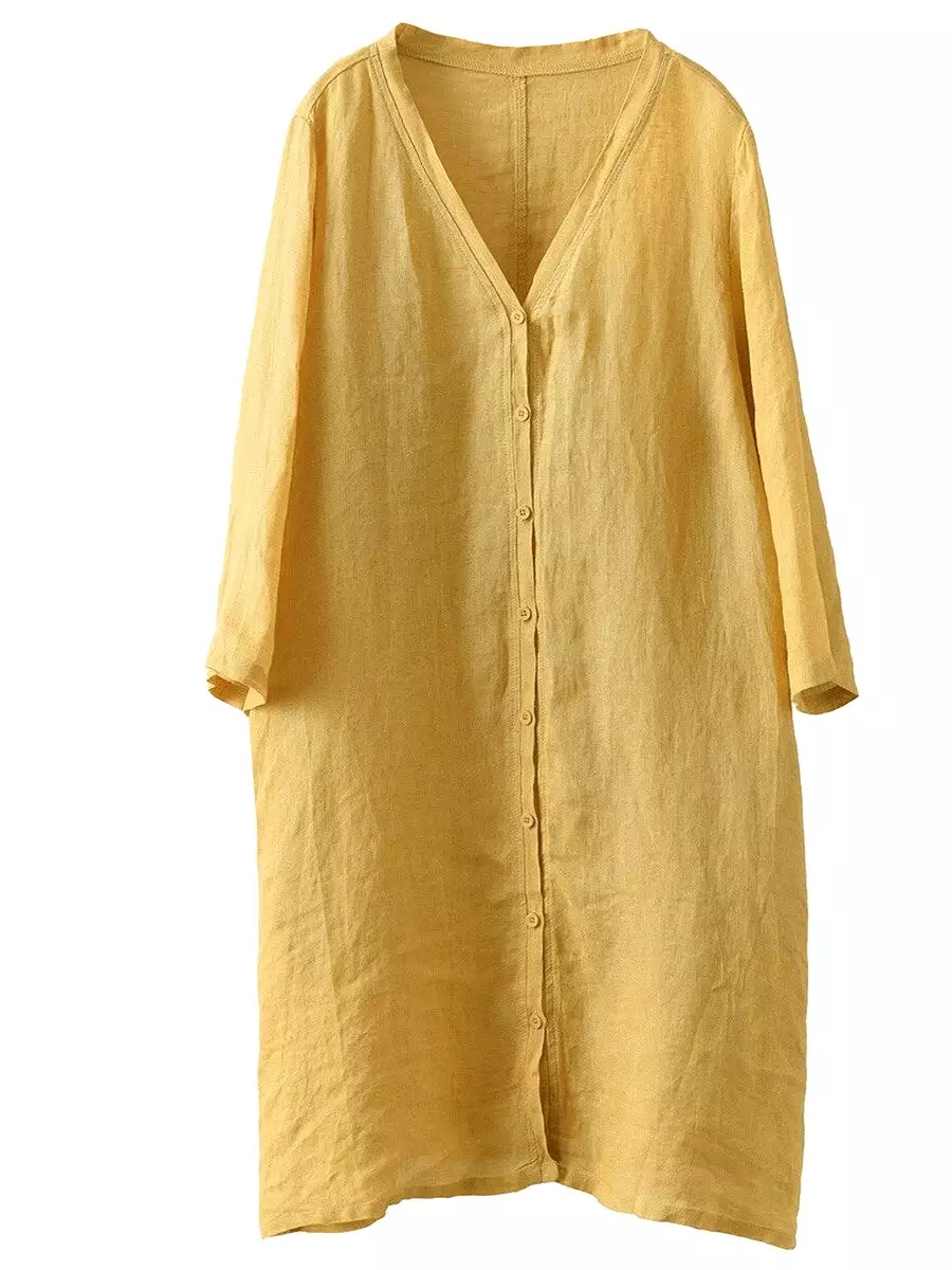 Women Summer Casual Solid Linen Button-up Long Shirt SC1033