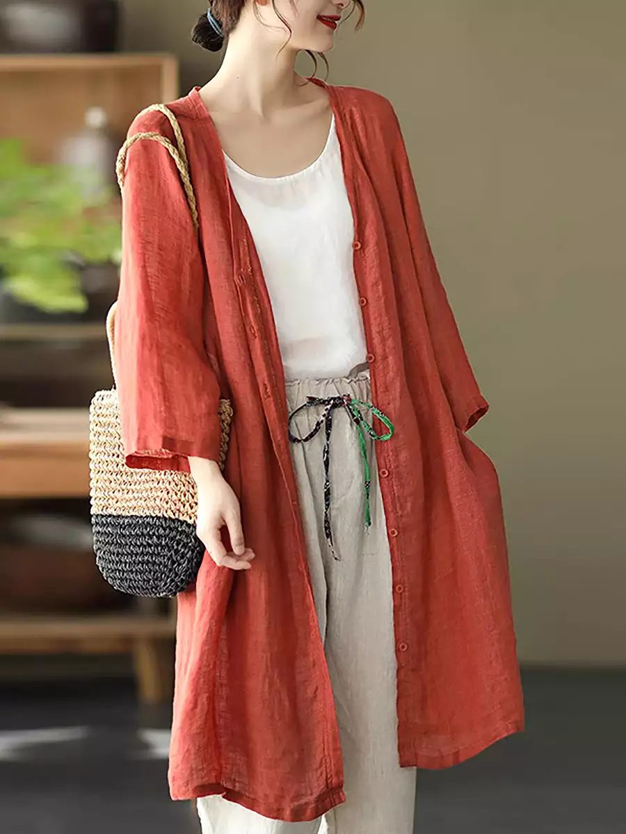 Women Summer Casual Solid Linen Button-up Long Shirt SC1033