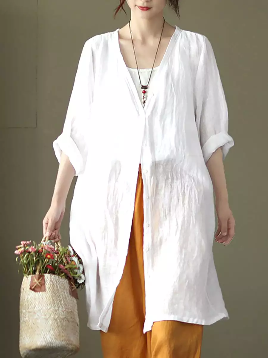 Women Summer Casual Solid Linen Button-up Long Shirt SC1033