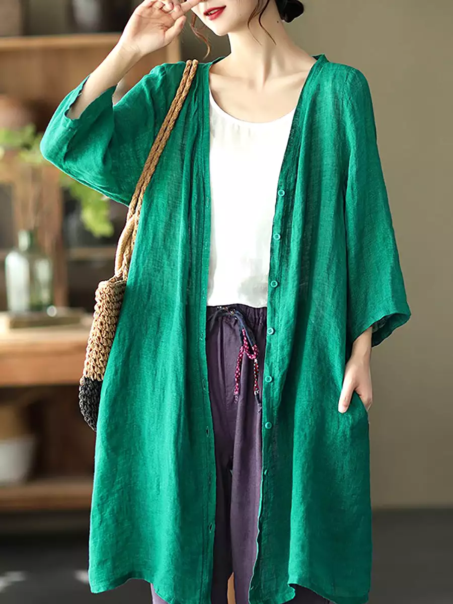 Women Summer Casual Solid Linen Button-up Long Shirt SC1033