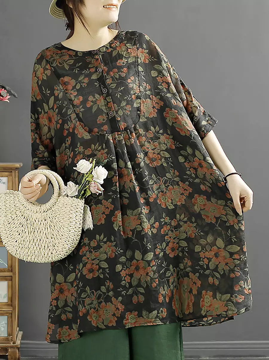 Women Summer Floral Vintage Ramie Long Shirt KL1052