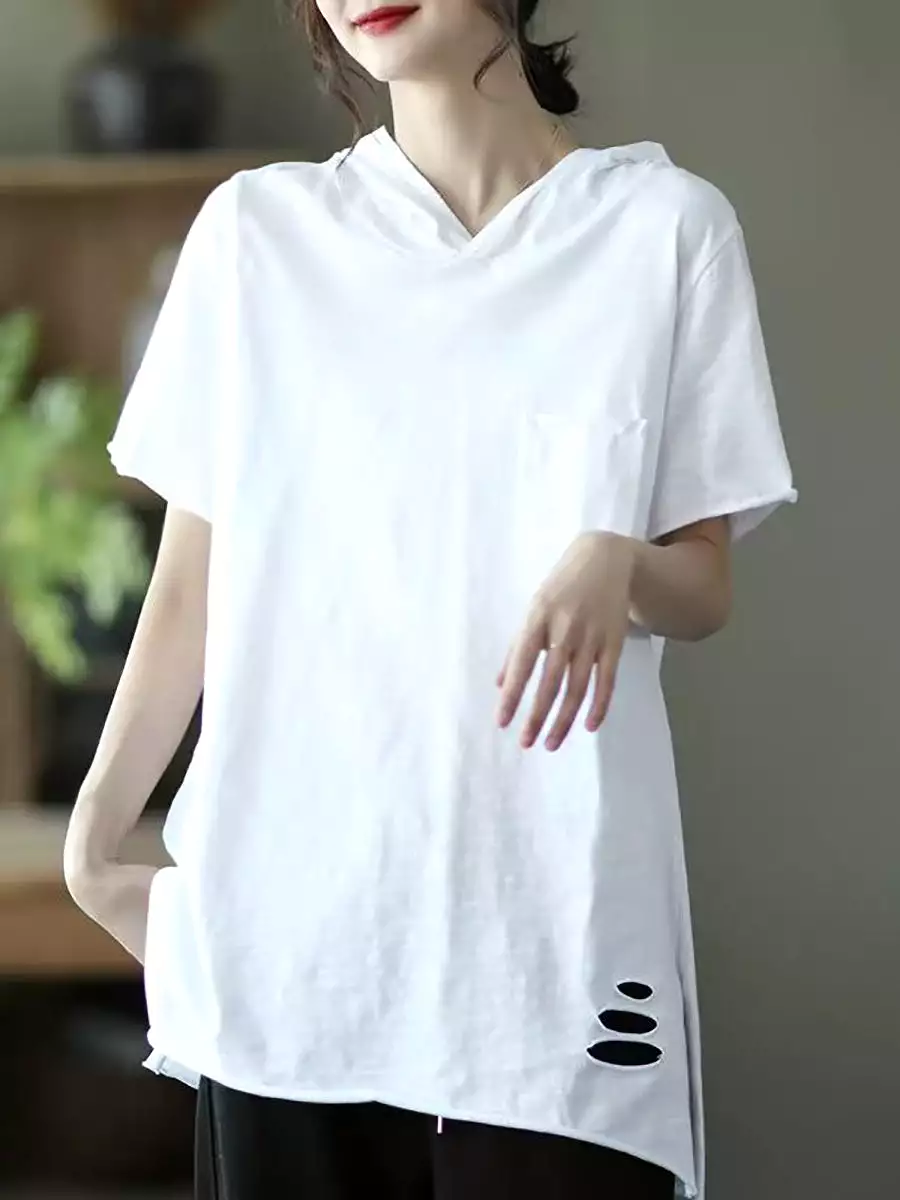 Women Summer Solid Hooded Casual Cotton Shirts SC1004