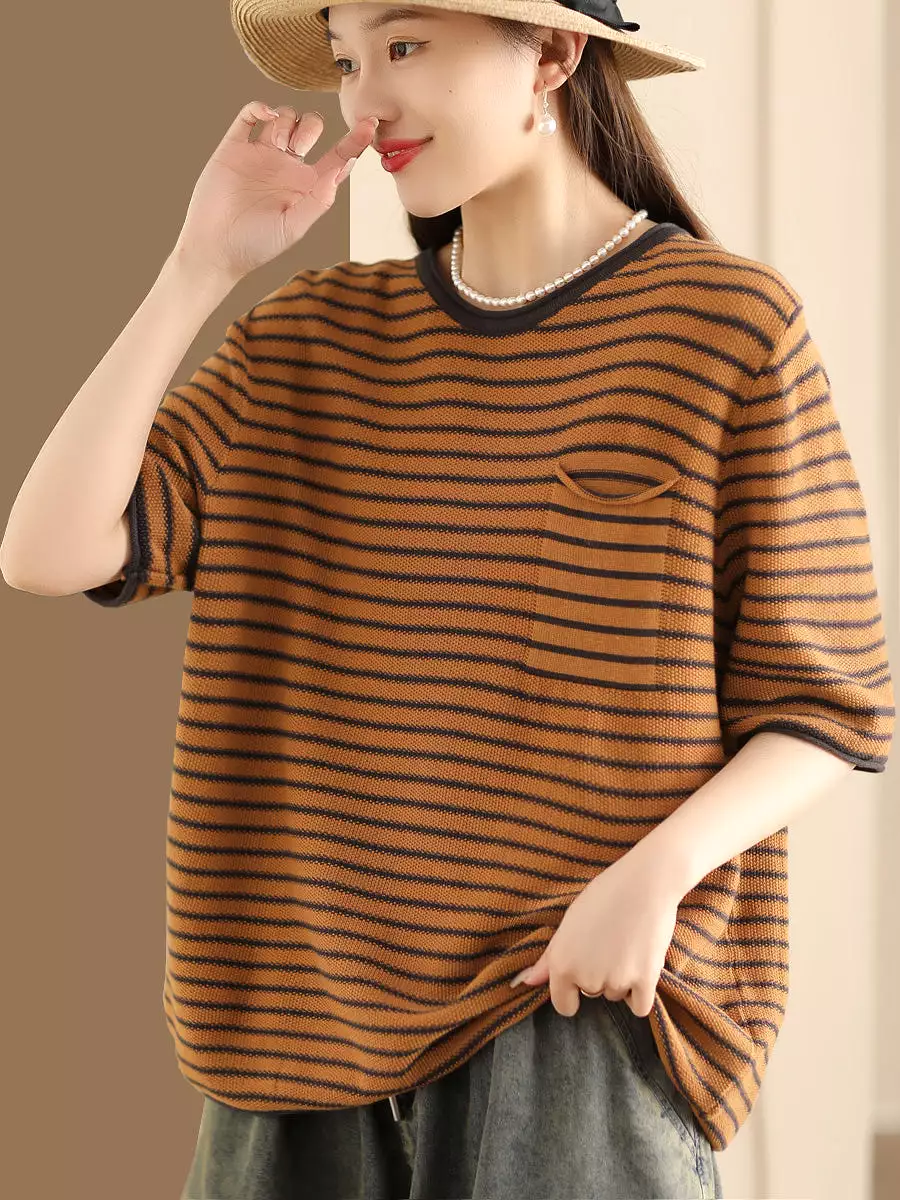 Women Summer Stripe Casaul Knitted Pullover Shirt SC1021