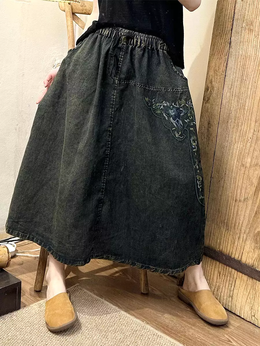 Women Summer Vintage Floral Embroidery Denim Skirt PA1008